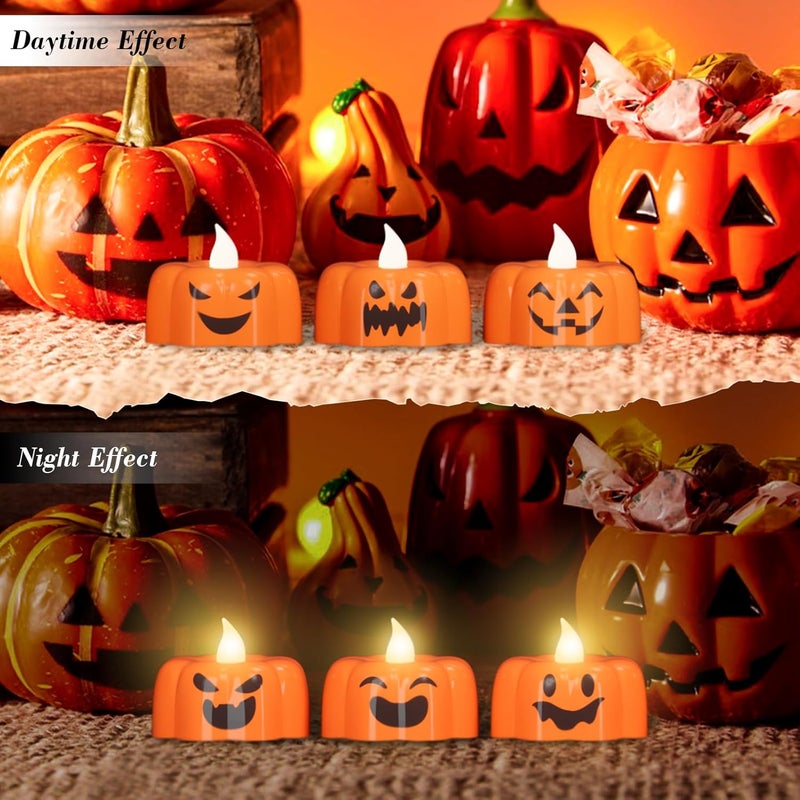 DRomance Halloween Pumpkin Lights Flameless Candles Battery Operated with Timer, 200 Hours Lasting LED Flickering Votive Tealight Candles Spooky Face Halloween Decorations Indoor(6 Pack, 1.9" x 1.6") - Image 5